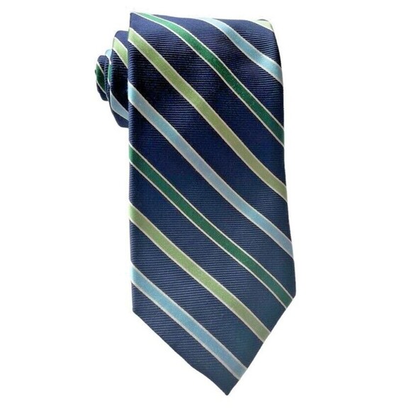 CHAPS Ralph Lauren Silk Repp Tie Navy Blue Green Stripe Classic Career 3 3/8" - Picture 1 of 7